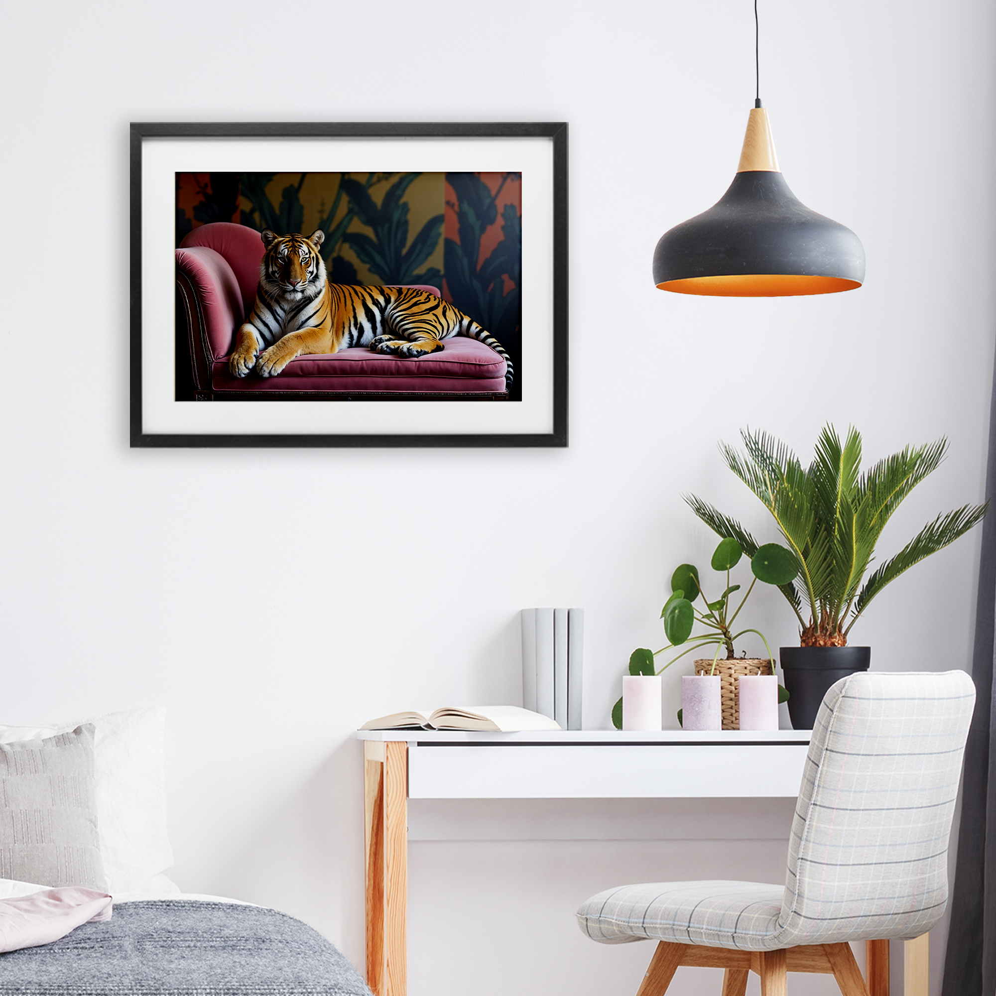 Exotic Tiger Lounging Black Framed Print Under Glass, design by Lettered and Lined