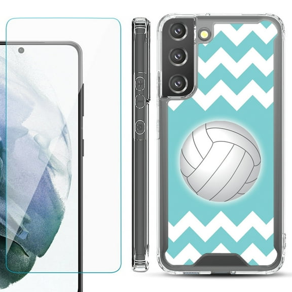 Shockproof Bumper Phone Case for Samsung Galaxy S22 5G, with Tempered Glass Screen Protector, by OneToughShield ® - Chevron/Volleyball