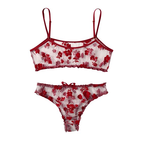 Levmjia Womens Floral Mesh Lingerie Set Wireless Spaghetti Strap Floral Print Bralette With Matching High Cut Thong Adjustable Thin Straps Lightweight Romantic Date Night