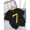 thumbnail image 1 of Girls' Summer Casual Cotton T-Shirt with Number 7 Print, Crew Neck, Knit Fabric Top with Random Pattern - 95% Cotton, 5% Spandex, 1 of 7