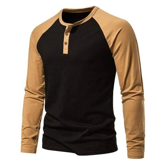VALMASS Chandails Henley pour Hommes en Coton à Manches Raglan Décontractés à Empiècements Col Ras du Cou Hauts Doux Coupe Ajustée T-Shirts à Boutons (S, Café)