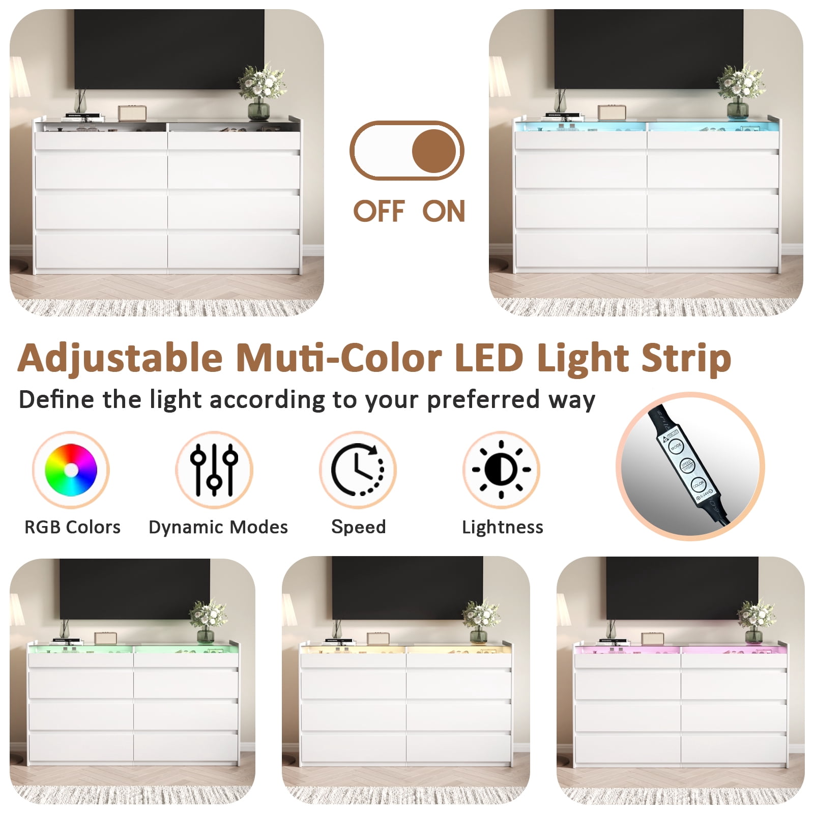47.2" White 8-Drawer Dresser with LED Light, Modern Storage Chest for Bedroom