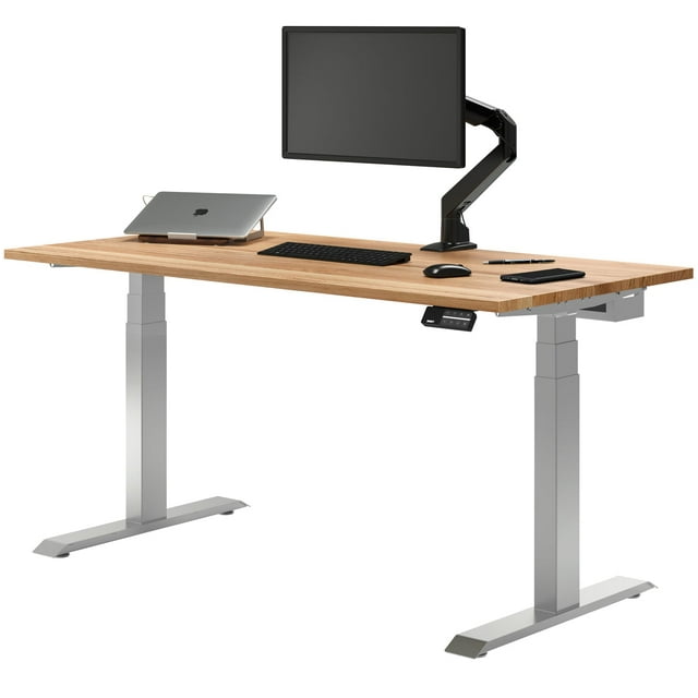 Desky Bureau Assis-Debout à Double Plateau en Bois Dur - Chêne Rouge / 48 x 30 Pouces / Gris