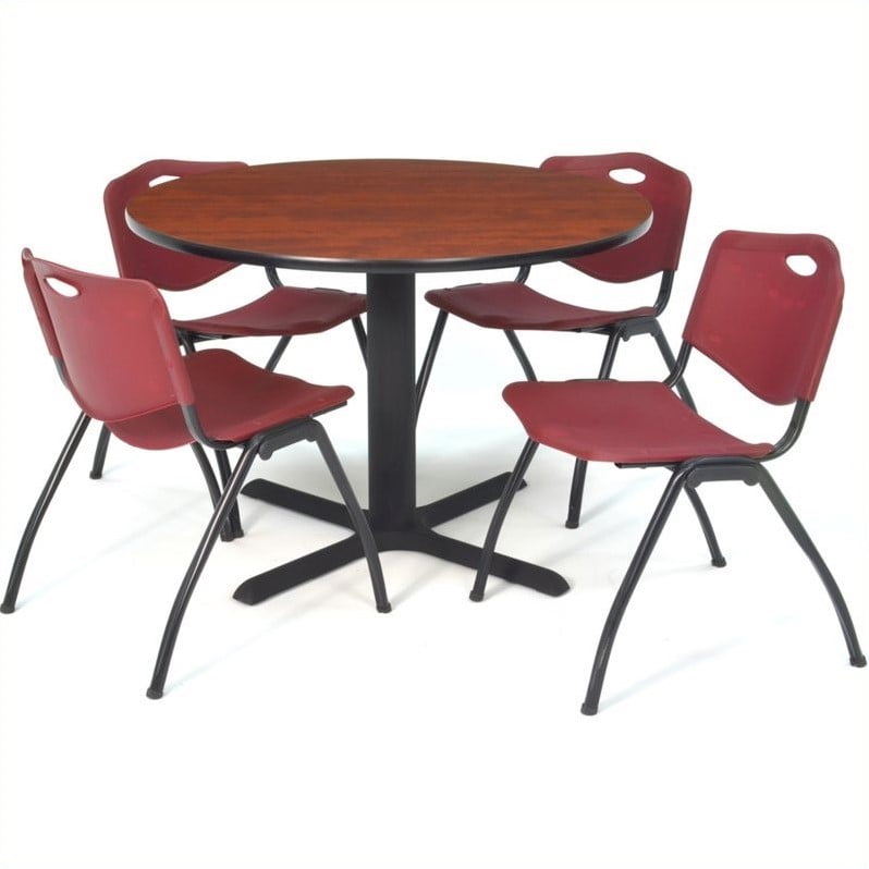 Cain 36" Cherry Round Breakroom Table and 4 'M' Stack Chairs, Multiple