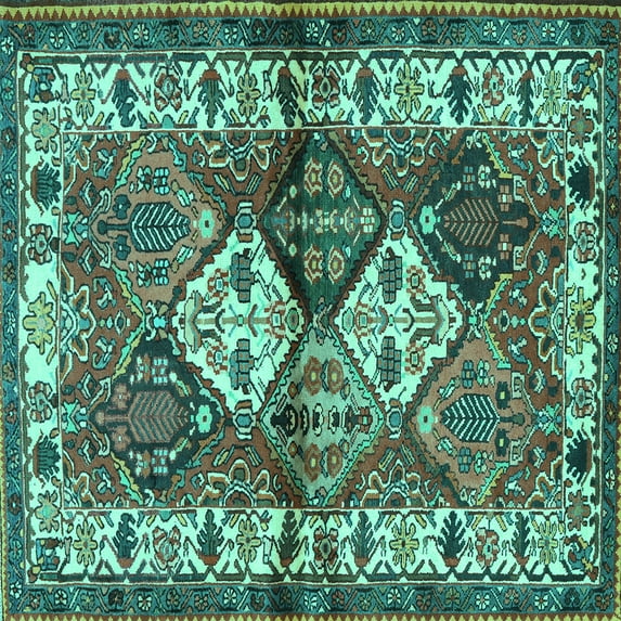 Ahgly Company Machine Washable Indoor Square Persian Turquoise Blue Traditional Area Rugs, 3' Square