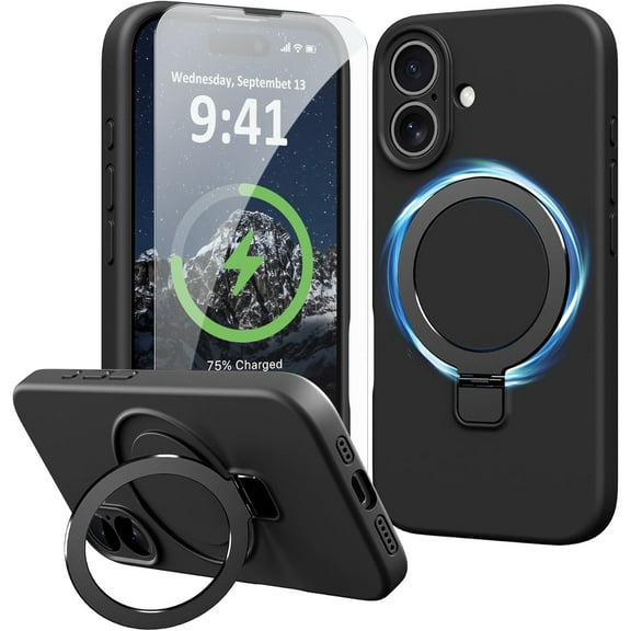 Dteck Liquid Silicone Case for iPhone 16 Plus, Fit for MagSafe, Magnetic Ring Kickstand Slim Phone Case with Tempered Glass Screen Protector Full Camera Protection,Black