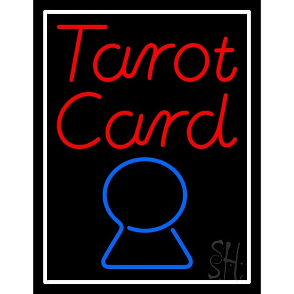 Red Tarot Card Blue Crystal With White Border LED Neon Sign 31" Tall x 24" Wide - inches Black Square Cut Acrylic Backing, with Dimmer - Bright and Premium built indoor LED Neon Sign for Storefront.