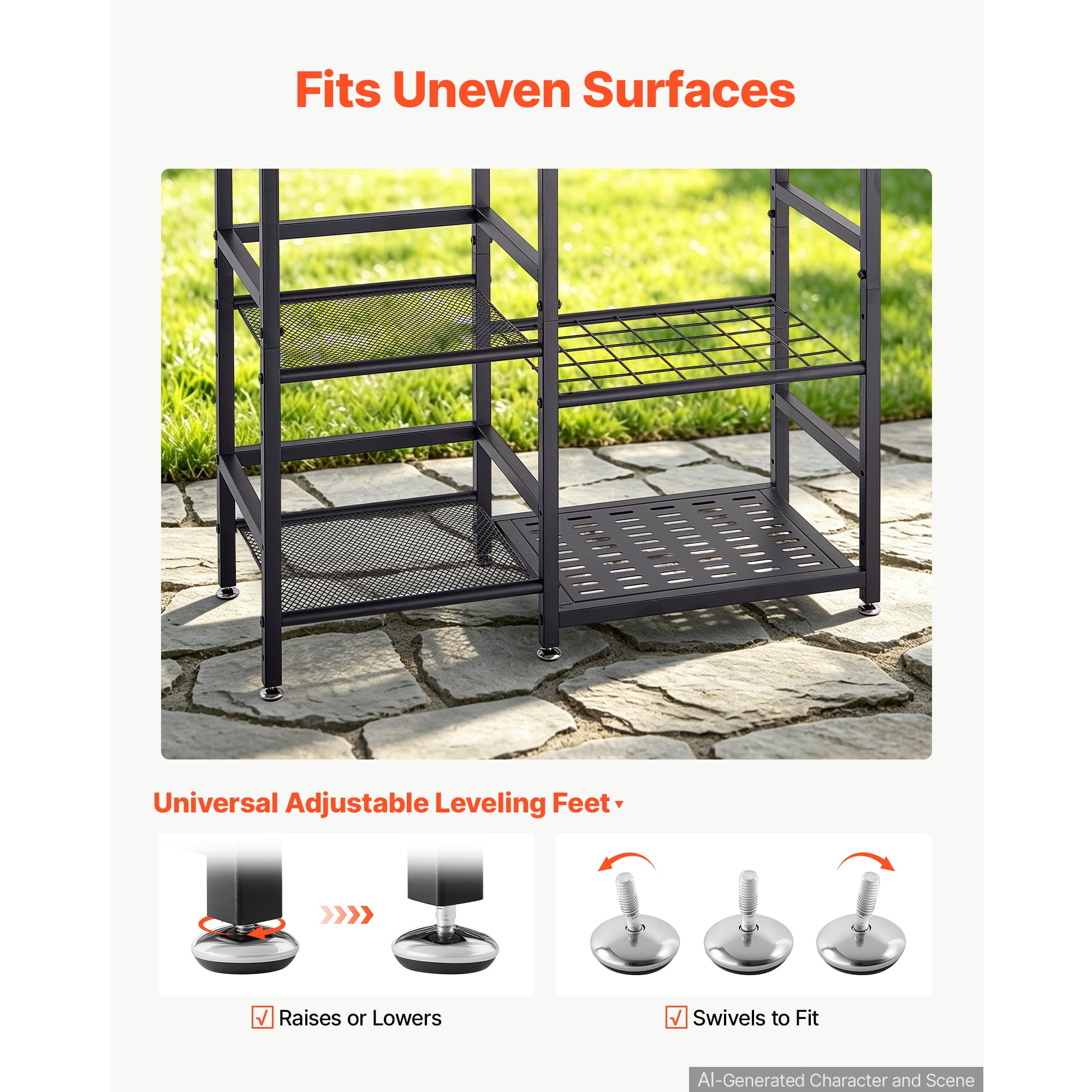 KFFKFF 3-Tier Metal Garden Tool Organizer with Guard Rail, Heavy-Duty Steel Storage Rack for Rakes, Shovels, and Brooms, Ideal for Garage, Shed, or Outdoor Use, Includes Hooks, Black