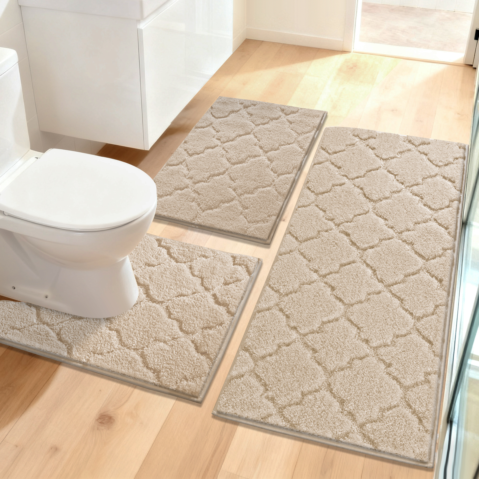 Findosom Bathroom Rugs Sets 3 Pcs,Non Slip Soft Absorbent Microfiber Bath Mats and U-Shaped Contour Toilet Rug,Machine Washable Plush Shaggy Bath Mat Set for Bathroom 18"x26"+18"x48"+U 20"x24" Beige