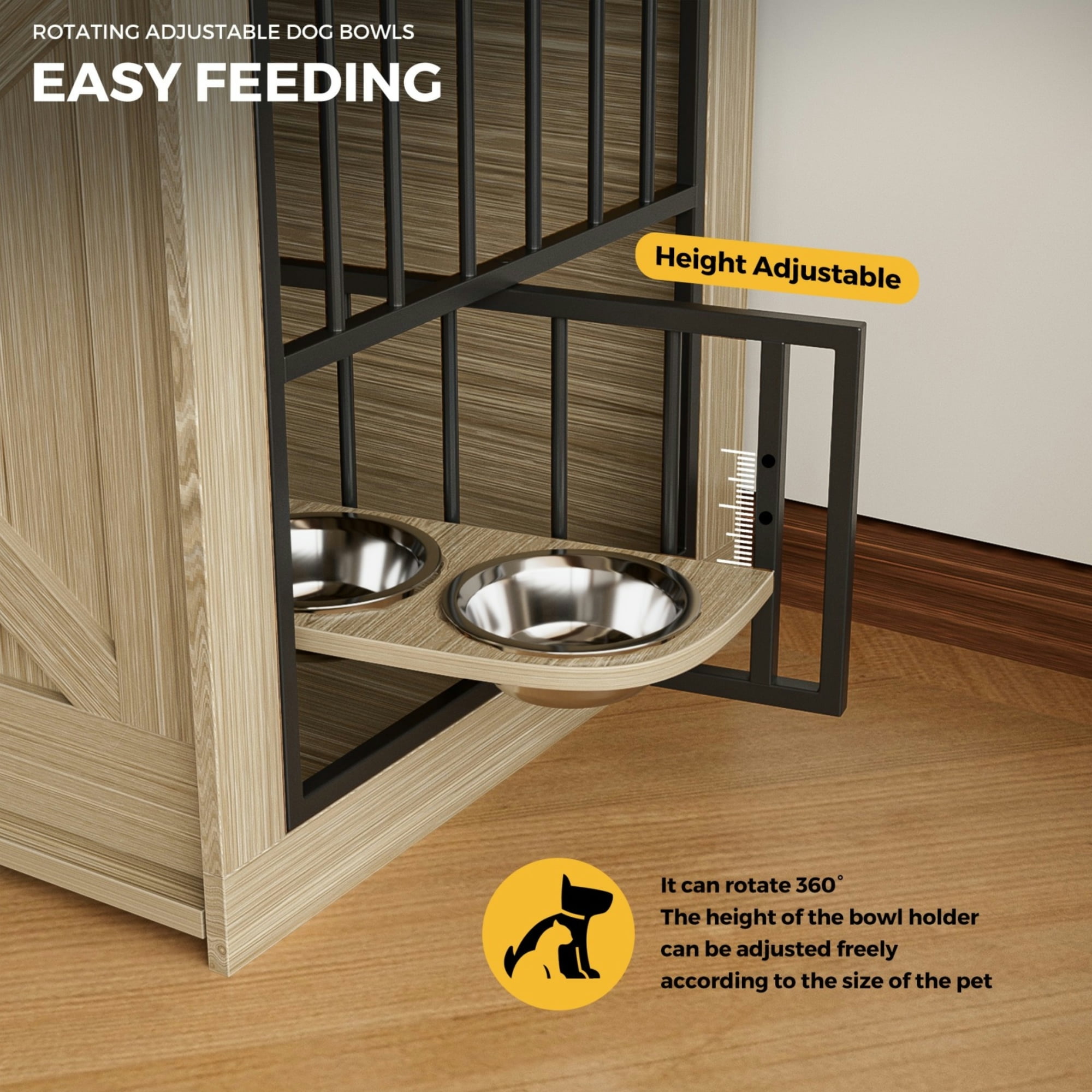Advwin 63" Wooden Double Dog Crate Furniture with Drawers, Divider, Sliding Doors and Dual Feeding Stations, TV Stand Dog Kennel for 2 Small/Medium Dogs, Light Brown