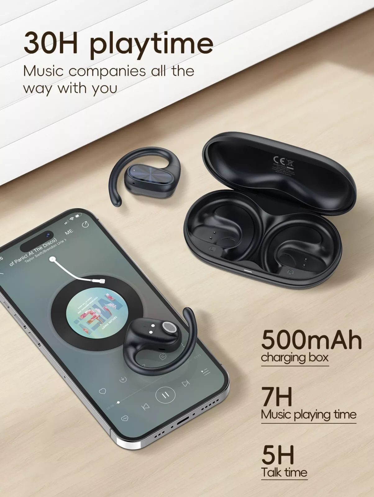 OWS Wireless Earbuds with Charging Case Open-Ear Headphone IPX4 Waterproof Bluetooth 5.0 Crystal Clear Sound Long Battery Life (White)