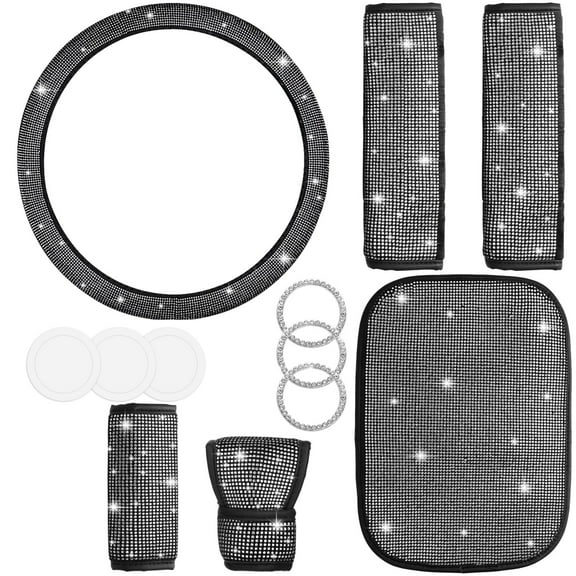 Bling Crystal Diamond Steering Wheel Cover, 9Pcs Shiny Rhinestone Sparkling Car Interior Decorations, Car Accessories for Women Girls, Universal Fit 14-15inch