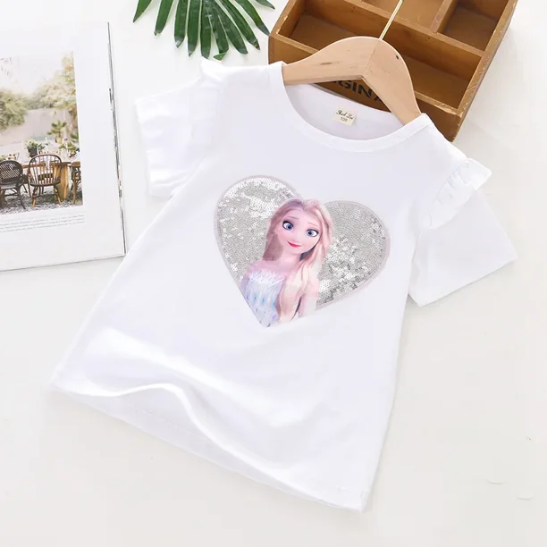 T-Shirts la reine des neiges Elsa Anna, hauts à paillettes pour enfants, T-Shirts à manches courtes, Costume de dessin animé, vêtements à la mode pour filles