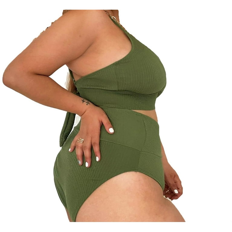 Women's Army Green 2 Piece Plus Size High Waisted