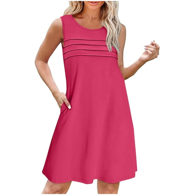 Staron Robes d'Été pour Femmes en Liquidation à Moins de 10 $ Printemps Été Unies Sans Manches Robes Débardeur Décontractées Plissées Col Rond Voyage Vacances Robe