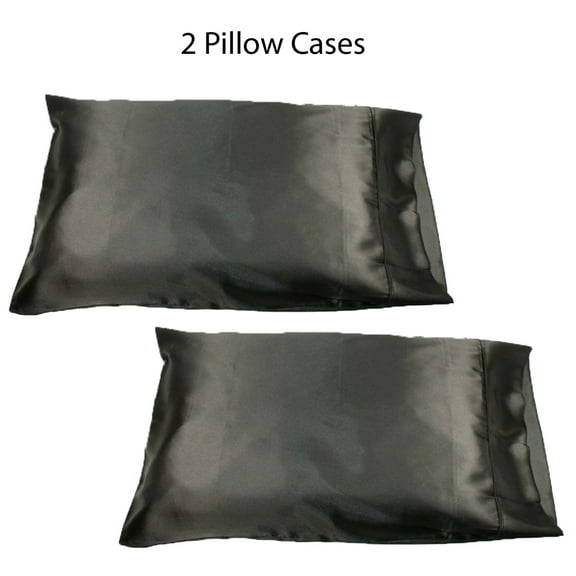 Set of two (2) Black Soft 100% Satin Pillowcases: Standard Queen, 20" x 32"