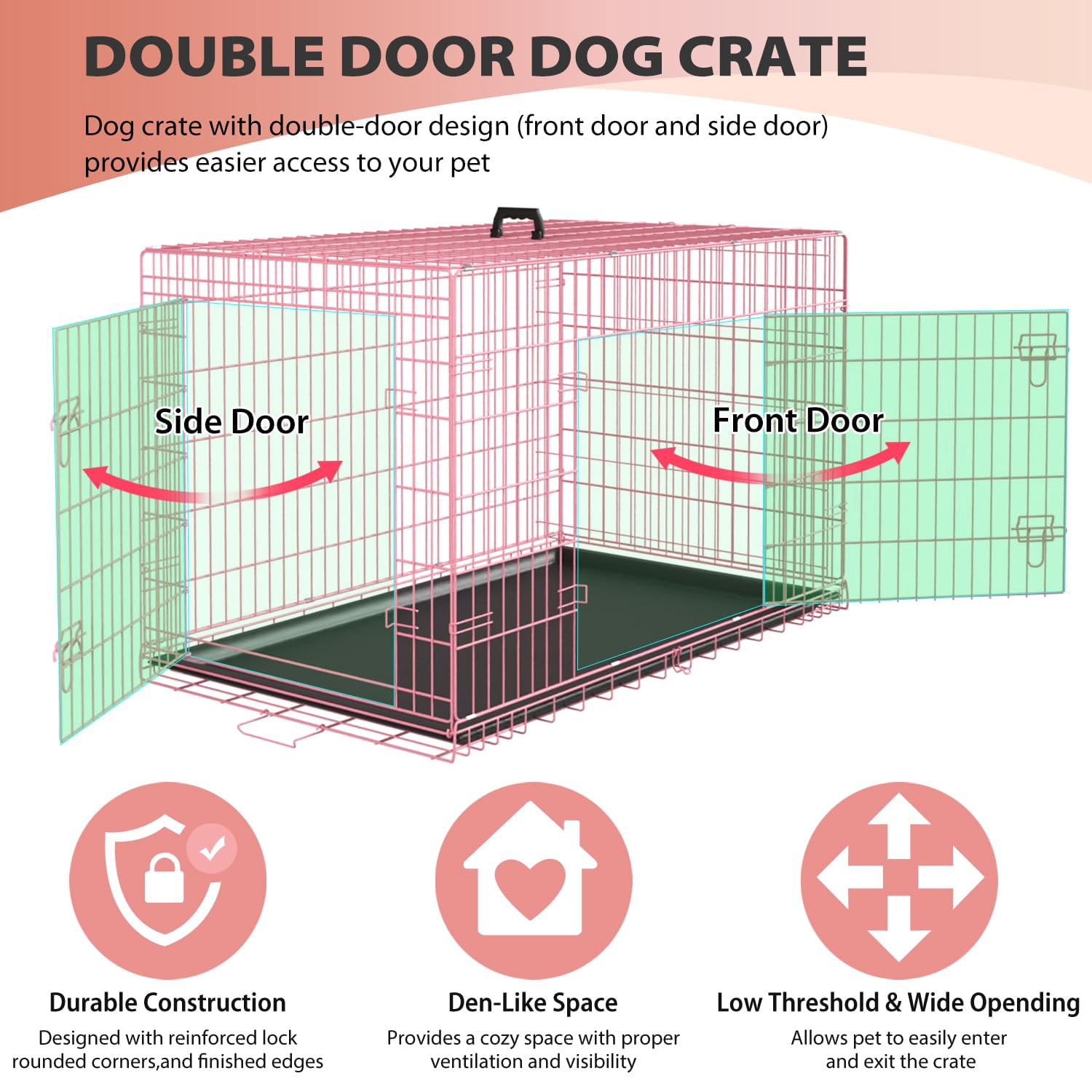 XF XINFENG 24 Inch Dog Crates for small dogs Folding Metal Kennel with Double Doors Leakproof Tray Portable Dog Cage for Travel, Indoor & Outdoor Use Pink