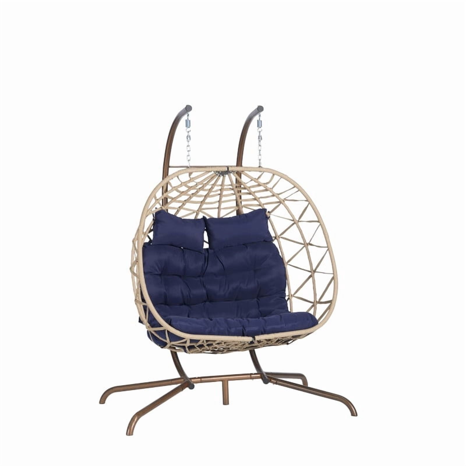Double Swing Egg Chair with Stand,2 Person Indoor Outdoor Wicker Loveseat, Oversized Patio Hanging Basket Chair with Cushions, Cozy Sturdy Porch Swing for Backyard