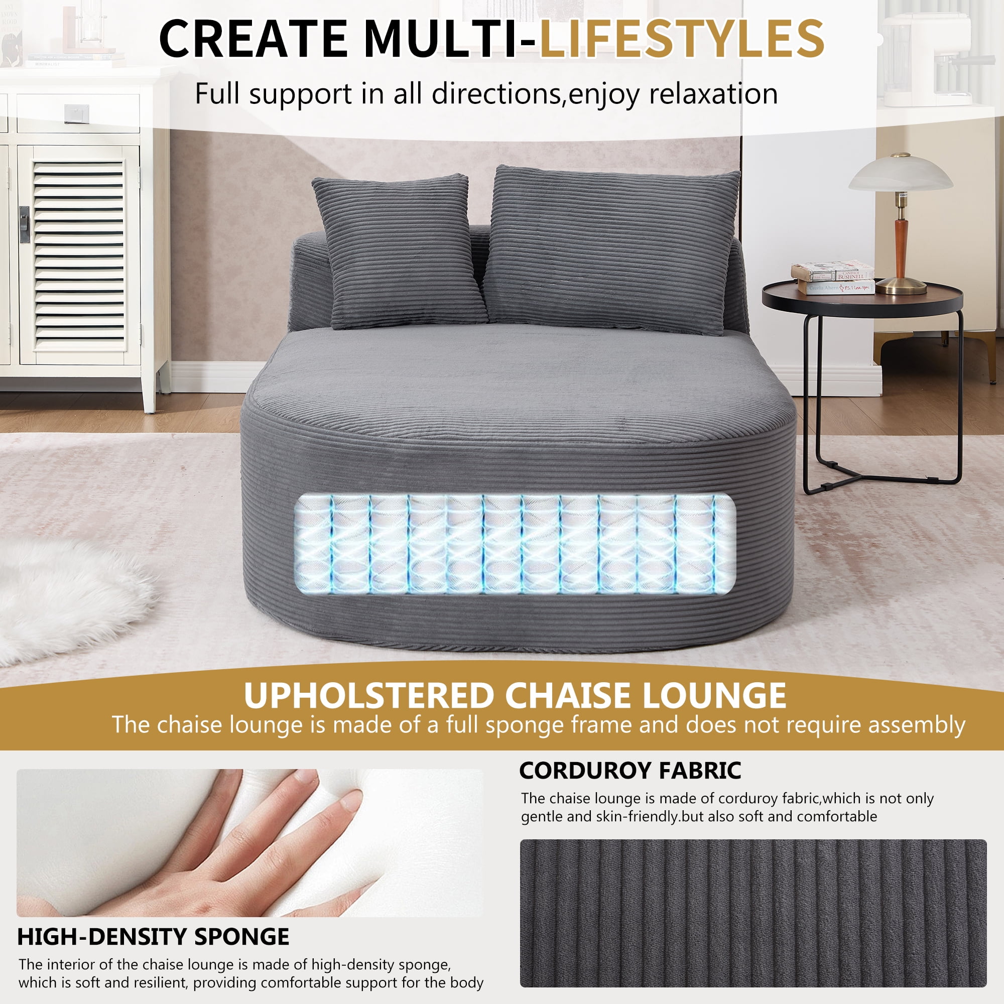 Leumius Chaise Lounge Chair Indoor,Upholstered Sofa Bed with Soft Pillows,Convertible Boneless Sofa Bed for Living Room,No Assembly Required,Dark Gray