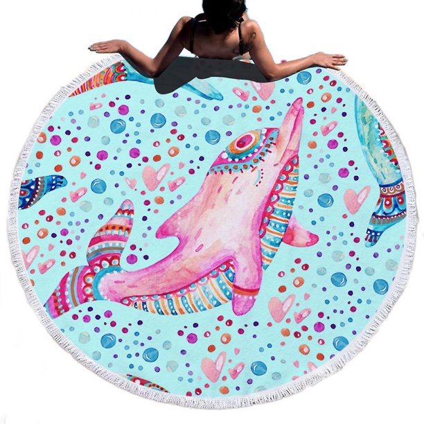 Toalla de playa redonda de delfín de acuarela con borla, manta redonda, toalla de natación, 59 pulgadas, regalo para mamá, amigos