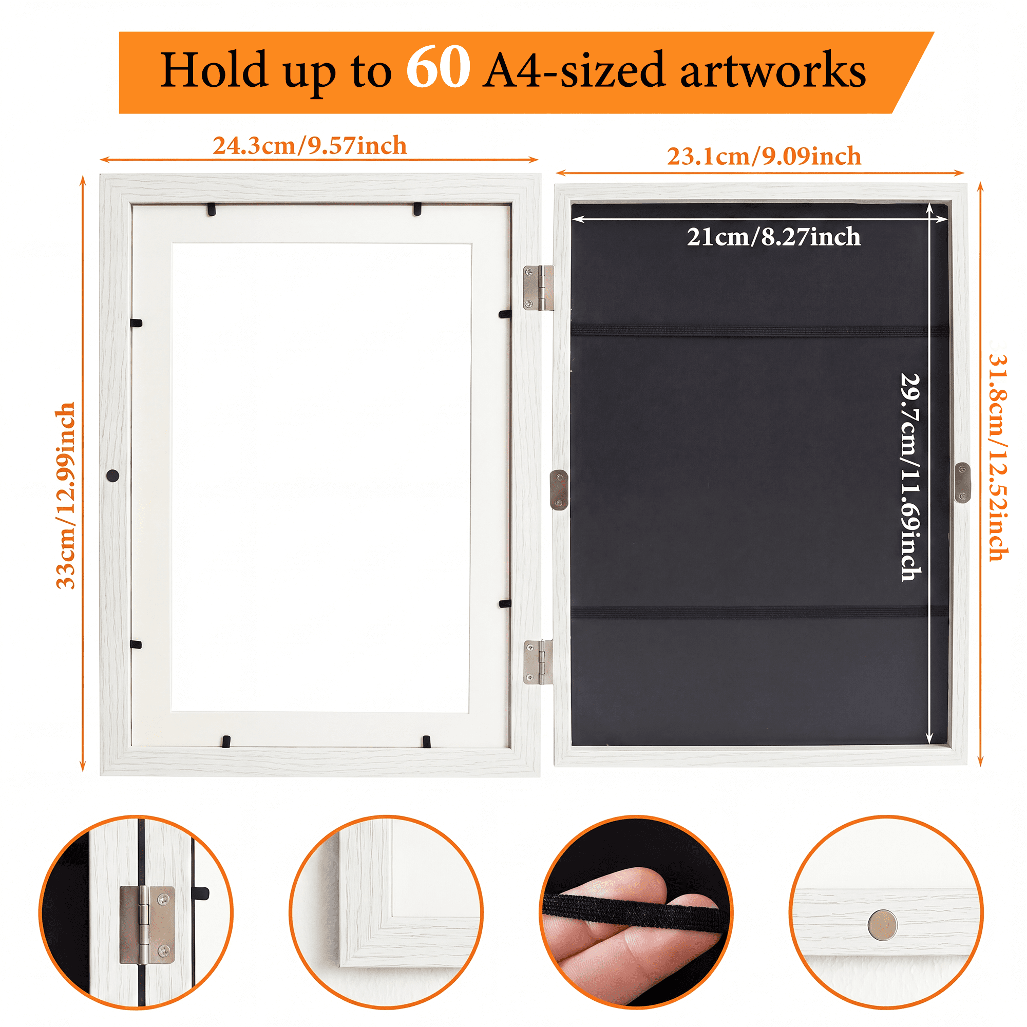 Storvive 2 Pack Art Frames, 8.27" x 11.69" Magnetic Front Opening Artwork Frames, Changeable Picture Storage Frames, Crafts Painting Art Display, White
