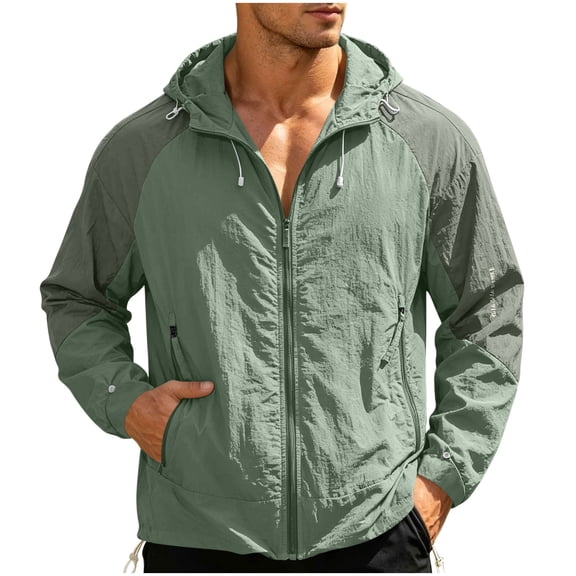 Men's Color Block Hooded Sun Protection Jacket, Lightweight Breathable Full Zip Up Windbreaker with Zipper Pockets, Casual Outdoor Hiking Travel UV Coat for Men S-3XL