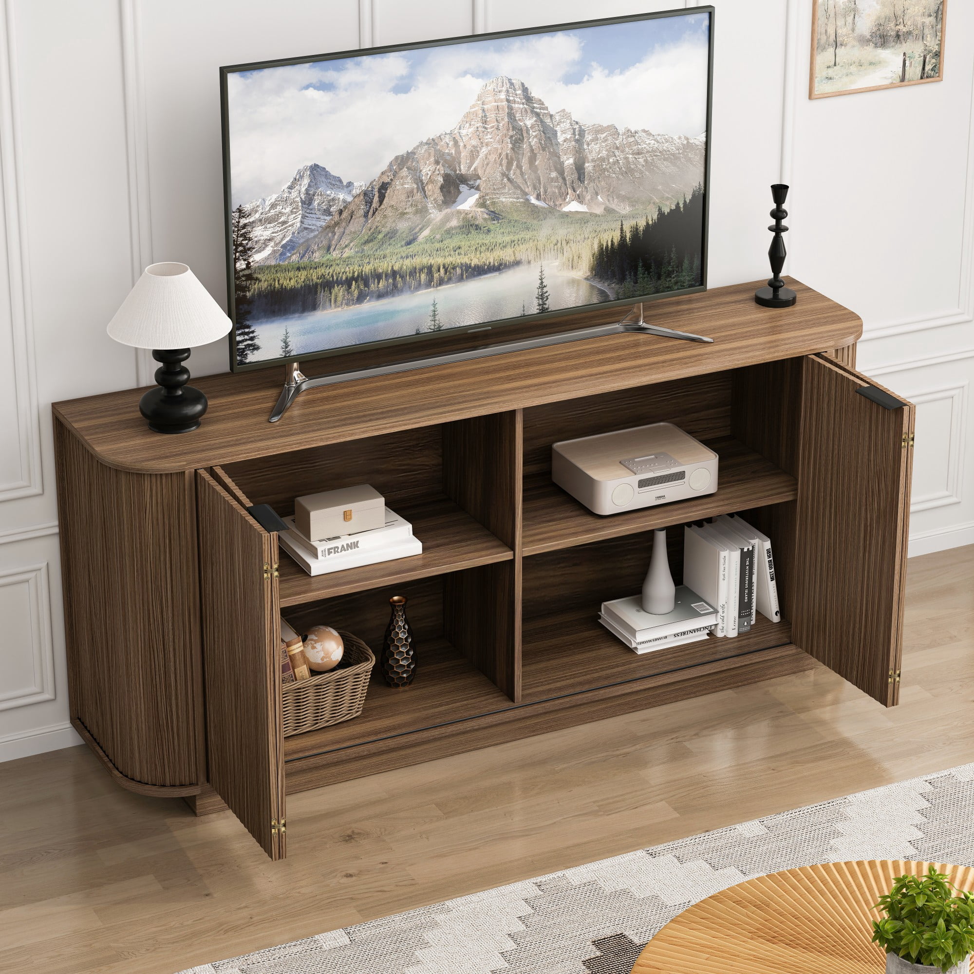 BSHTI 63" MDF Buffet Cabinet with Wavy Door Design, Adjustable Shelves, Sideboard Storage for Kitchen Living Room Dining（Brown）