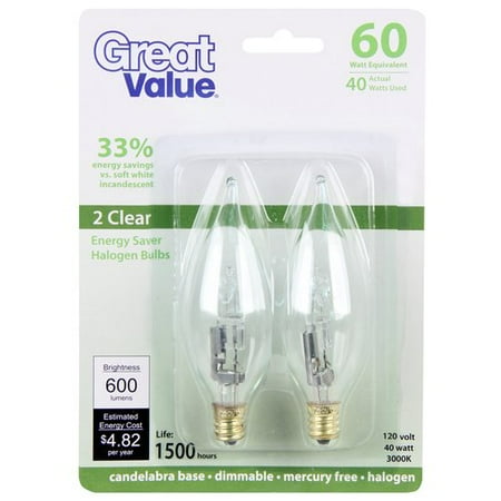 Great Value Gv 40w Cl Fl Can Base Es Halo 2pk 60w Eq