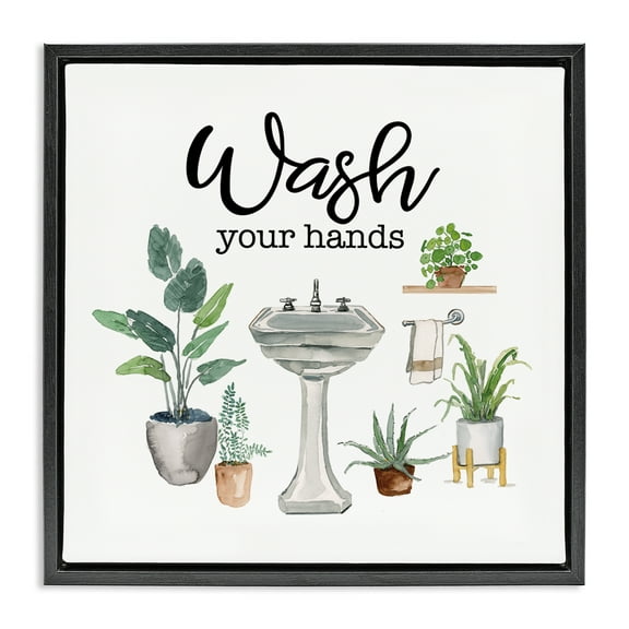 Stupell Industries Hygiene Phrase with Plants Bath & Laundry Painting Black Floater Framed Canvas Art Print Wall Art, 18 x 18
