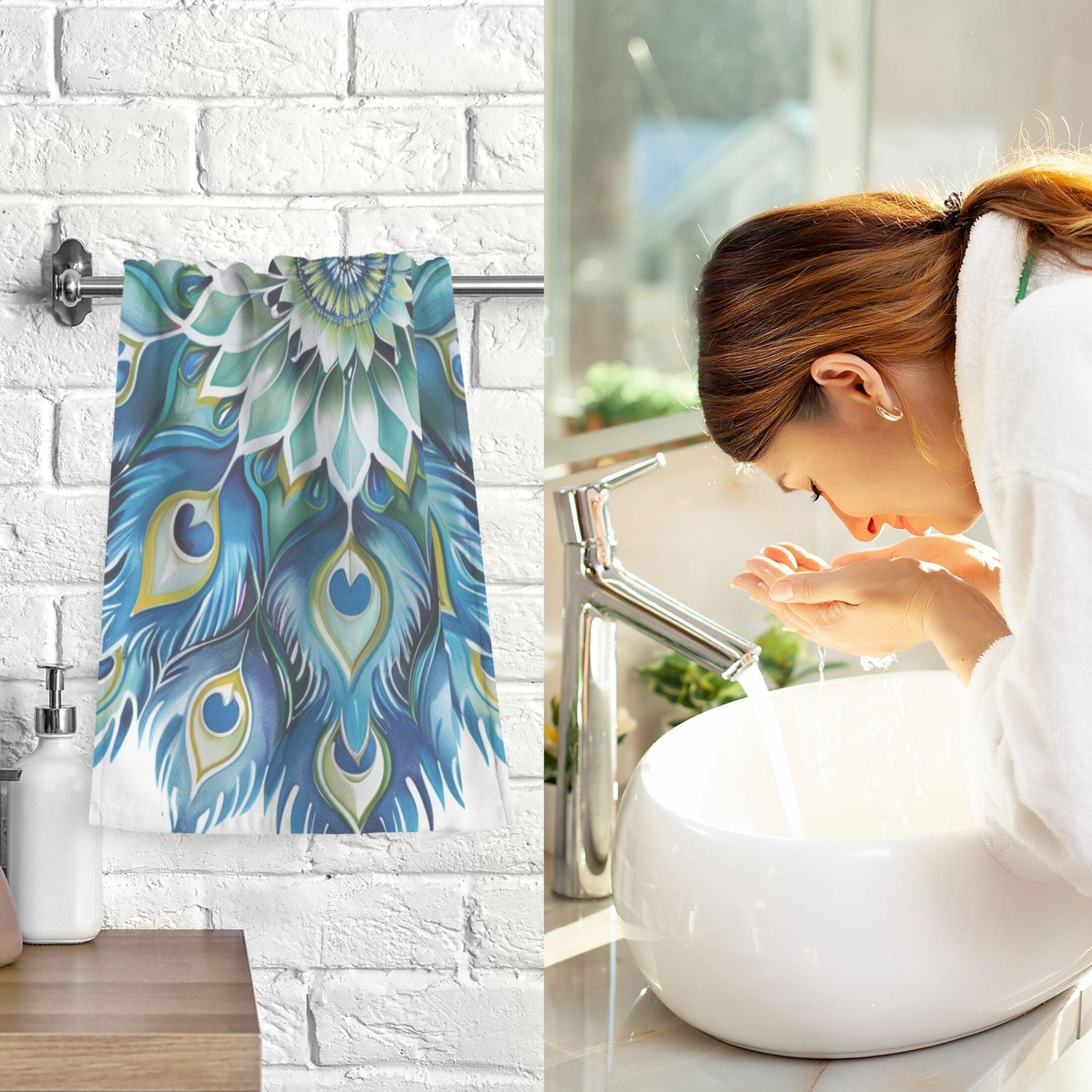 Cotton Bath Towels Soft Face Towel Absorbent Quick Dry Peacock Feathers Mandala 16"x28" 2 Pack