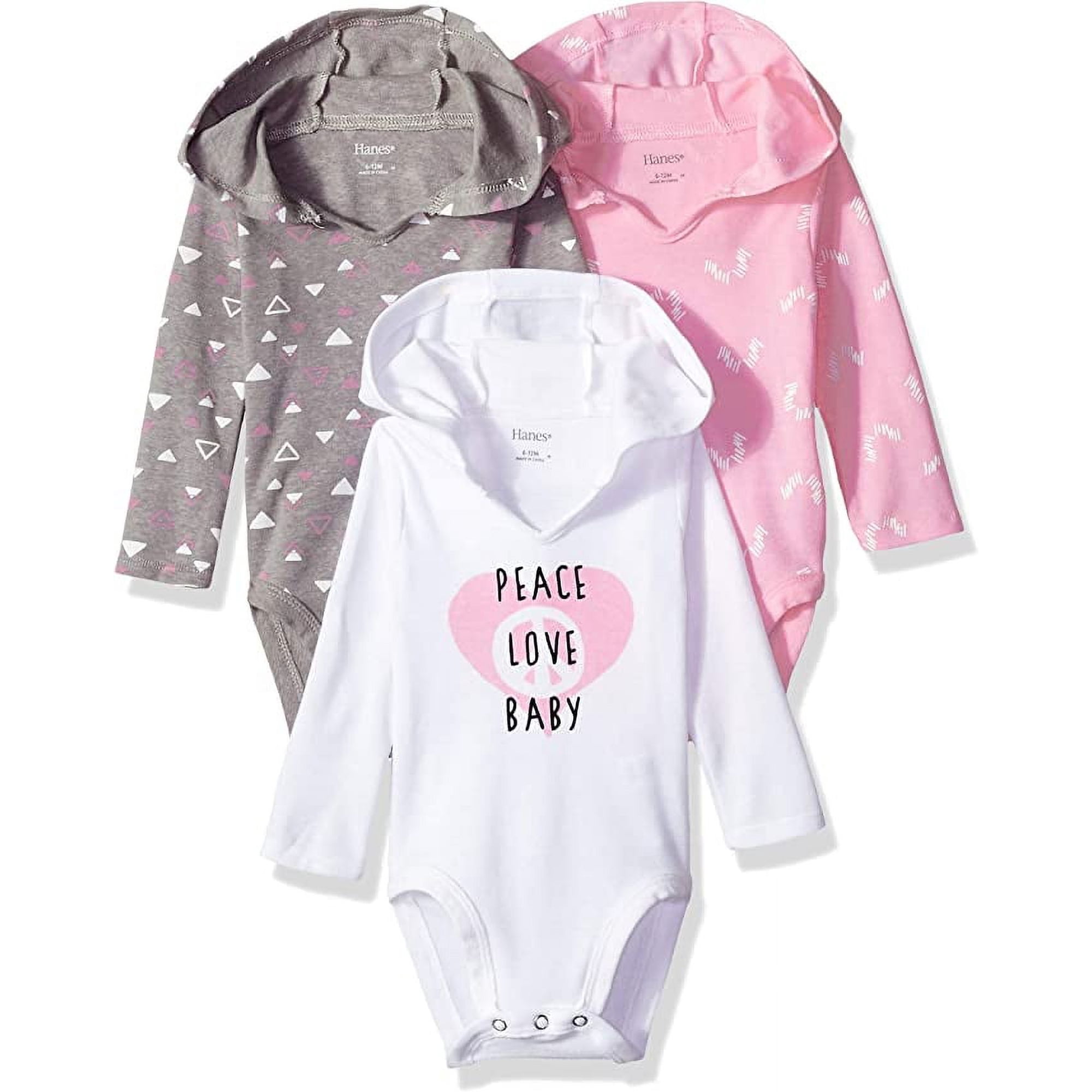 Hanes, Ultimate Flexy Hoodie Long Sleeve Bodysuit, Babies and Toddlers, 3-Pack, Pink/Grey Shades, 0-6 Months