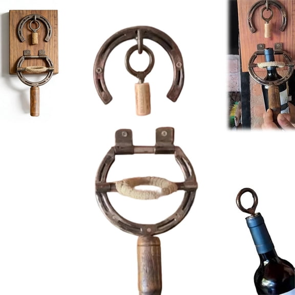 Horseshoe Wine Opener Corkscrew Wall Mounted, 2026 New Horseshoe Corkscrew Bottle Opener, Vintage Industrial Decor, Effortless Opening for Kitchen Bar Wall Decor Wine Lovers
