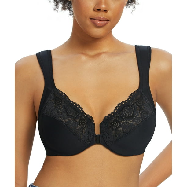 Exclare Everyday Bra Women's Plus Size Front Closure U-Back Underwire Wide Strap(Black,44DD