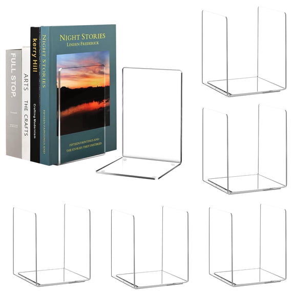 12-Piece Clear Acrylic Bookends Set for Heavy Books, 6 Pair Decorative Book Holder for Home Library Office Shelves, 5 x 5 x 7.3 Inch