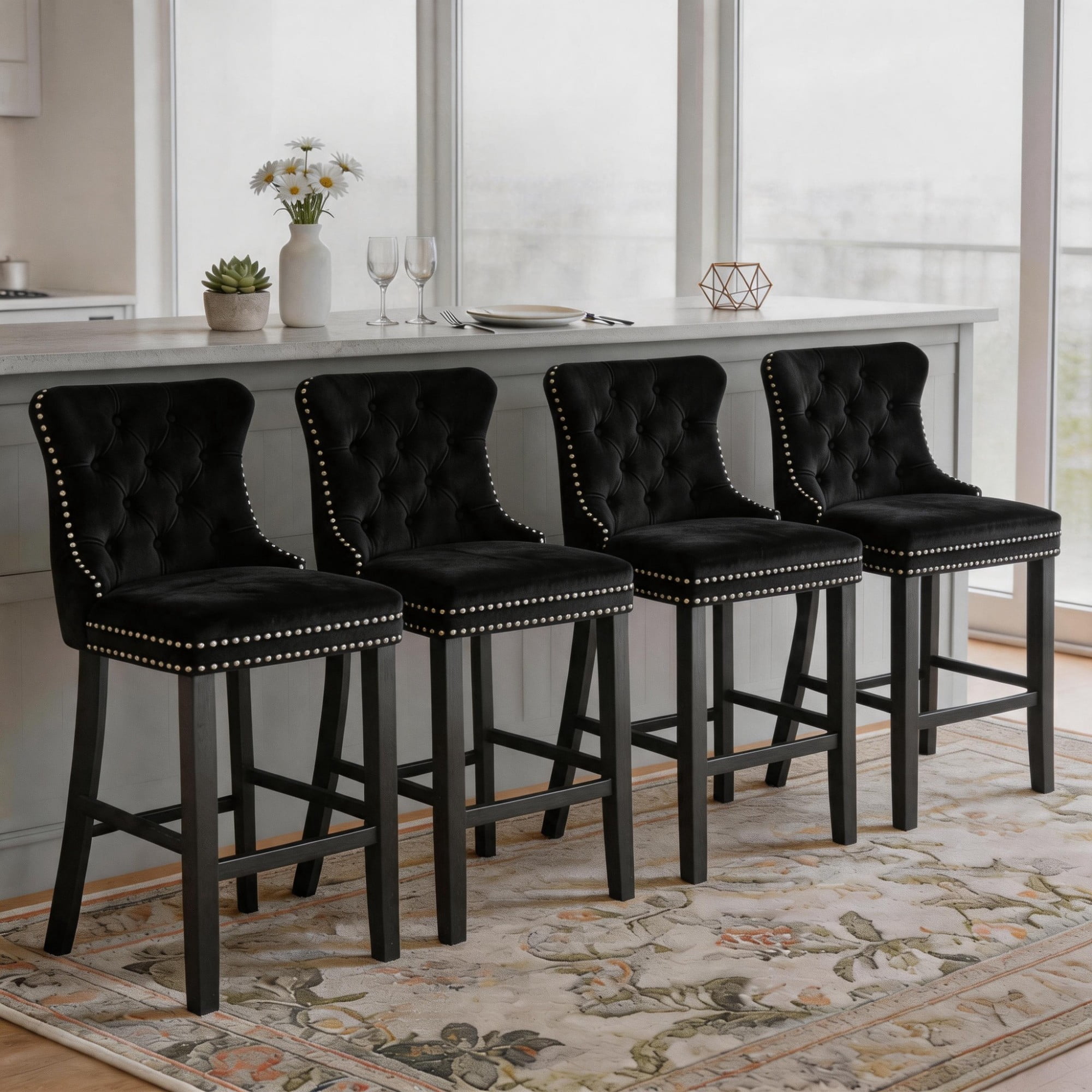 DONICK Velvet Counter Height Bar Stools Set of 2,Button Tufted Back Bar Chair Nailhead Back Pull Tab Wooden Leg(Black)