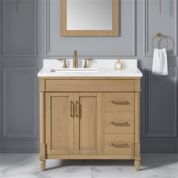 Pemberly Row 36" Natural Birch Bathroom Vanity with White Countertop