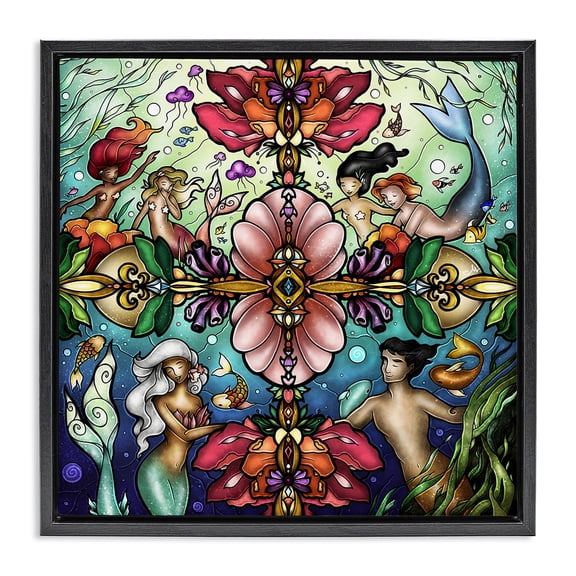 Stupell Industries Eclectic Detailed Stain Glass Style Mermaids Black Floating Frame Canvas Art, 18 x 18, by Mandie Manzano