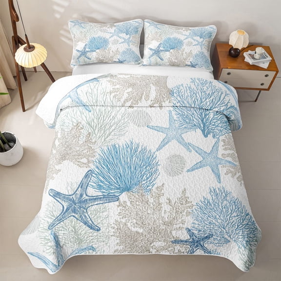 Manfei Simple Blue Starfish Coral Twin Quilt Set for Boys and Girls, Coastal Twin Coverlet Set, 2-Piece