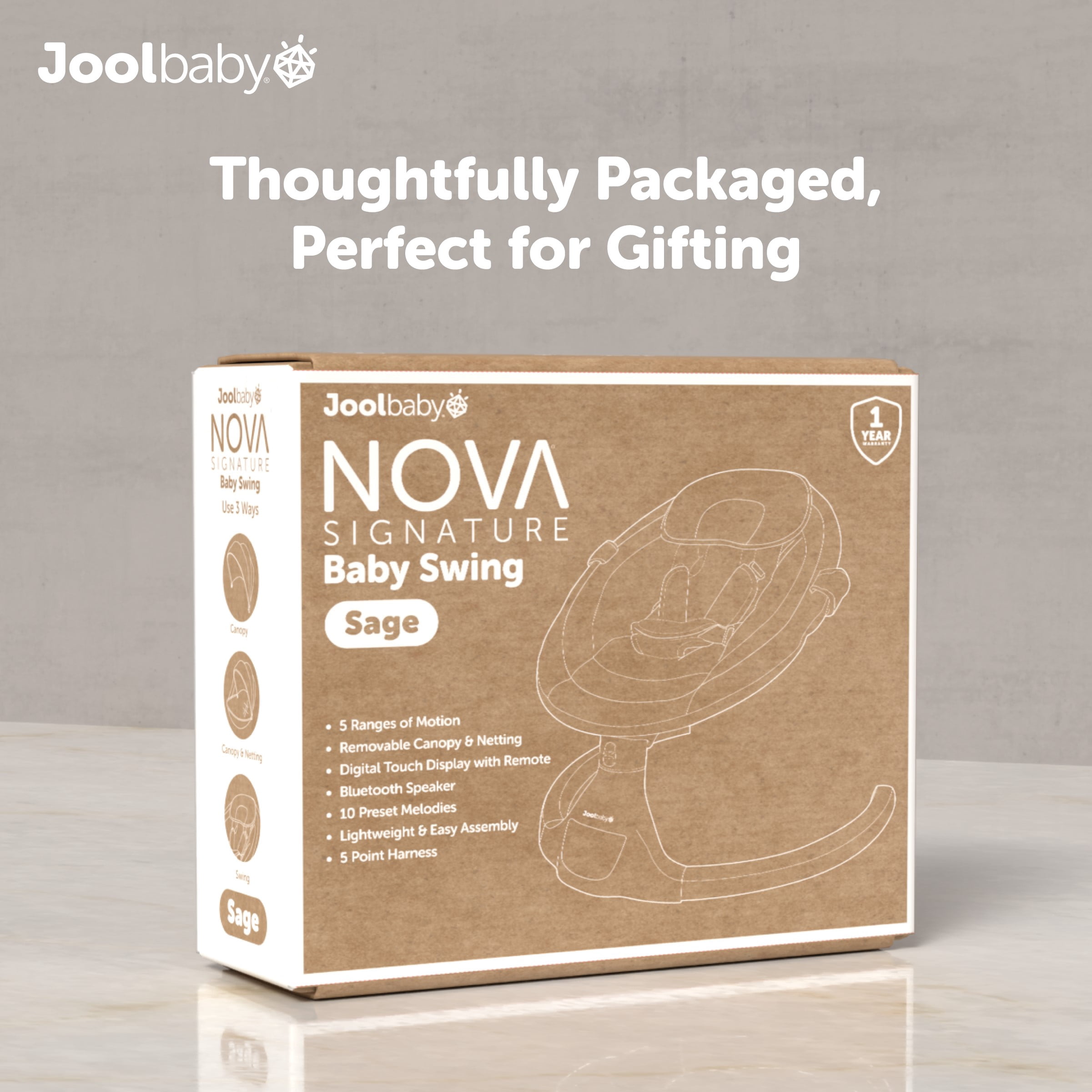 Jool Baby Nova Swing for Newborns - Electric Motorized Infant Swing, Bluetooth Music, 10 Preset Melodies, Remote (Updated Model, Sage)