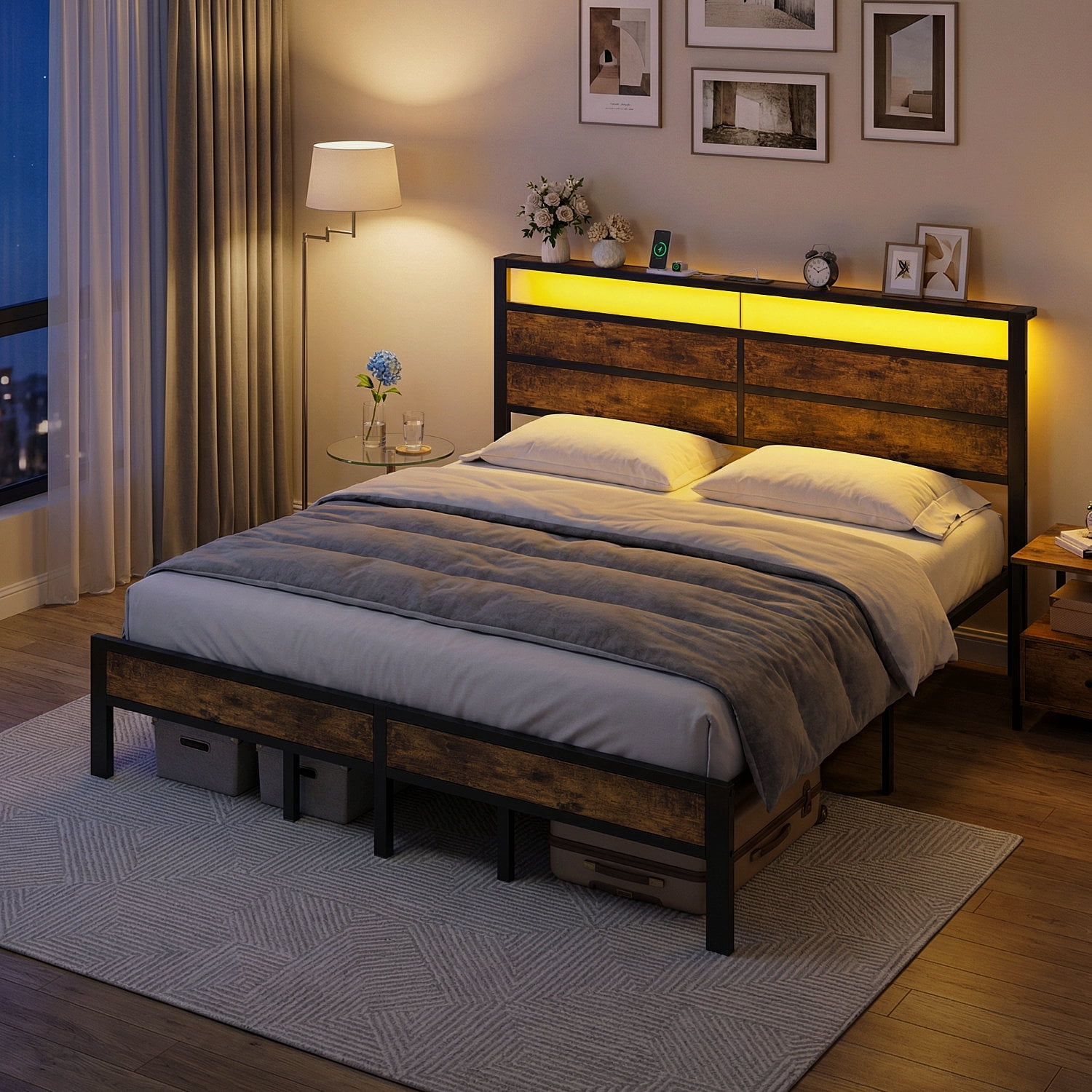 Kbun King Size Bed Frame with Headboard, LED Lights & Charging Station, No Box Spring Needed, Noise-Free, Easy Assembly
