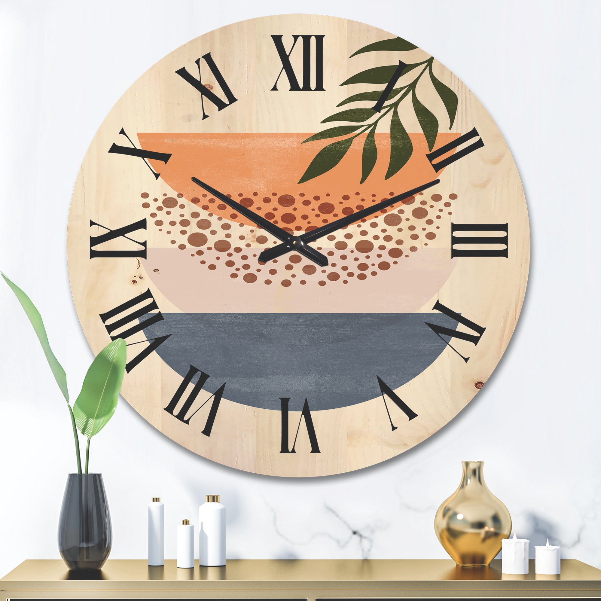 Designart 'Abstract Geometrical Moon and Sun With Leaf III' Modern Wood Wall Clock