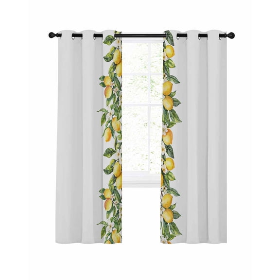 Yellow Lemon Blackout Curtains, Light Blocking Print Window Curtains, Simple Spring Botanical Fruit Leaves Flower Thermal Insulated Window Drapes for Living Room 2 Panels, 104"W x 52"L