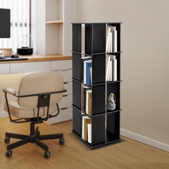 Rotating Bookshelf, 360° Revolving Bookcase Stackable Spinning Bookshelf Tower Display Book Case Organizer Square Swivel Corner Bookcase for Living Room Bedroom (Black, 4-Tier)