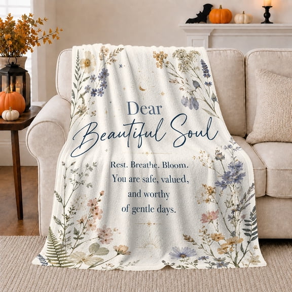 Dear Beautiful Soul Botanical Wildflower Affirmation, Cozy Typography Art Scene, Warm Flannel Blanket for Living Room and Reading Nook, Art Lovers Housewarming Gift, Artistic Home Decor