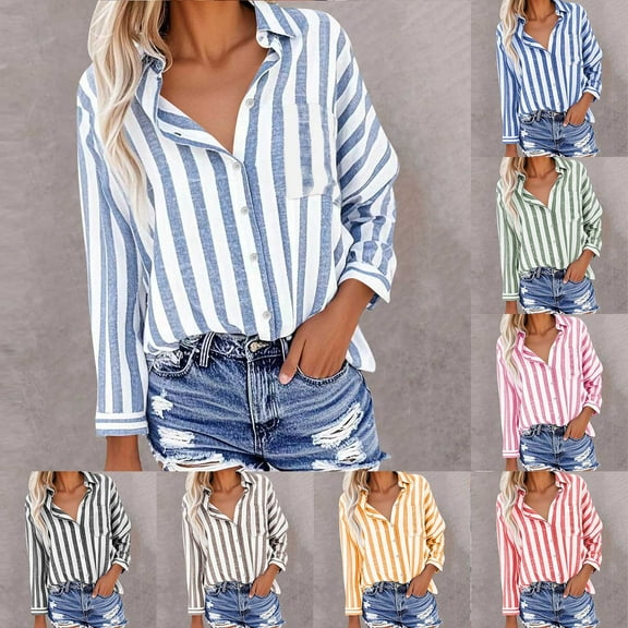 ZyeKqe Blouses for Women Striped Button down Shirts Lapel Collared Long Sleeve Casual Tops Fashion Vacation Work Clothes