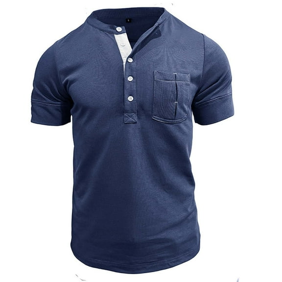 Men's Classic Henley Shirt Casual Raglan Short Sleeve Button-Down Cotton T-Shirt with Pockets