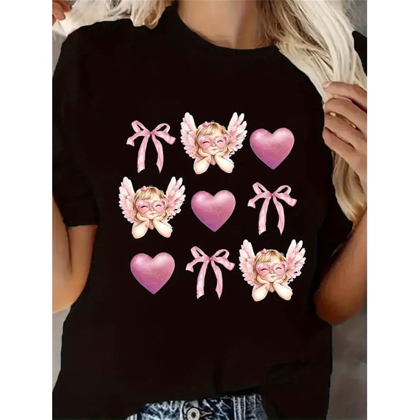 Valentine's Day Cupid & Heart Bow Graphic Women's Black T-Shirt - Short Sleeve, Round Neck, StretchyCamisetas para mujer, lindas camisetas con estampado gráfico, de manga corta, estilo casual, para ve