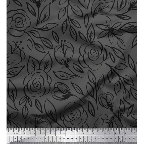 Soimoi Gray Cotton Poplin Fabric Leaves & Rose Floral Printed Craft Fabric by the Yard 42 Inch Wide