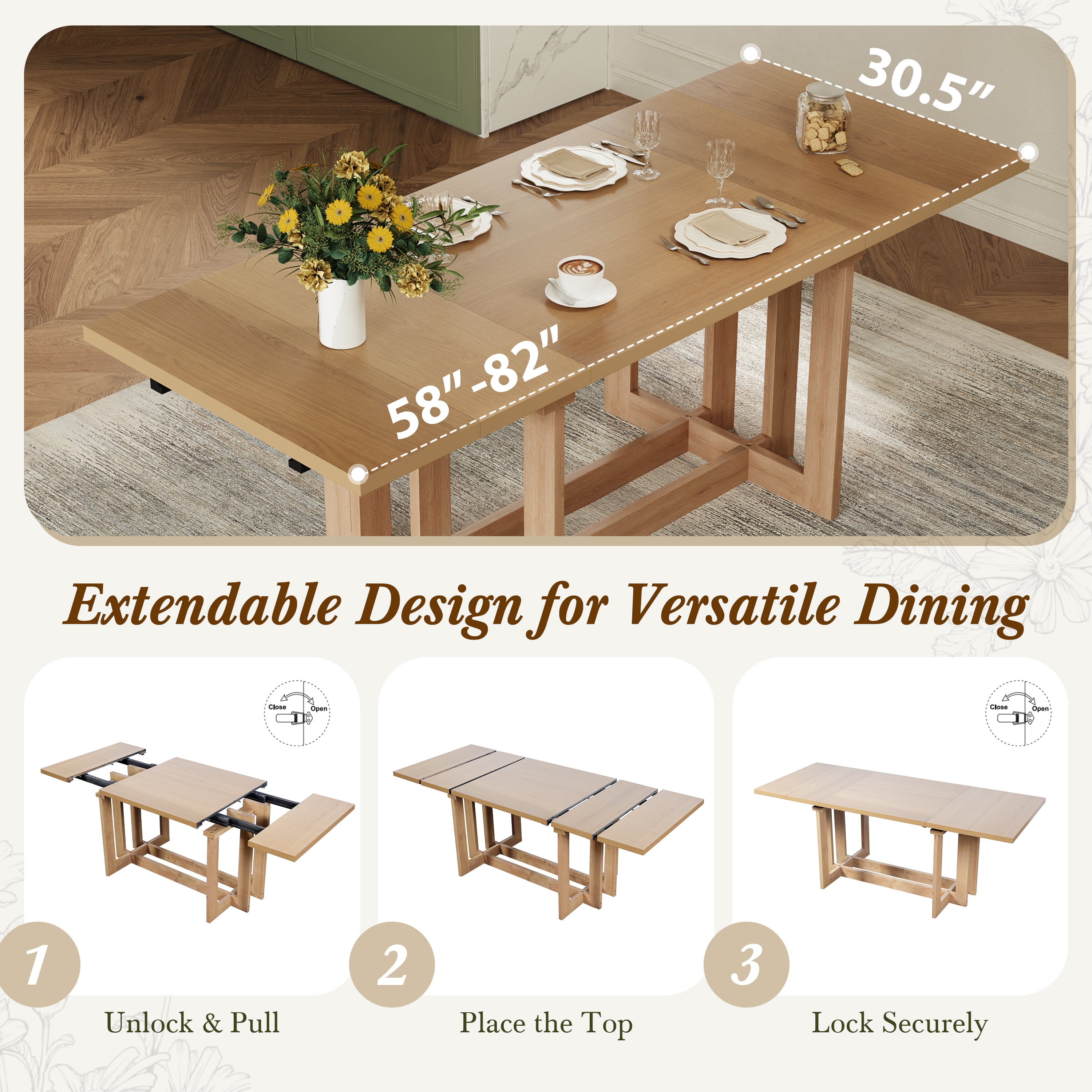 Euroco 58"-82" Extendable Dining Table for 6, Large Rectangular Kitchen Table with Removable Leaves, Solid Wood Rustic Table for Dining Room,Home Office, Living Room,Natural