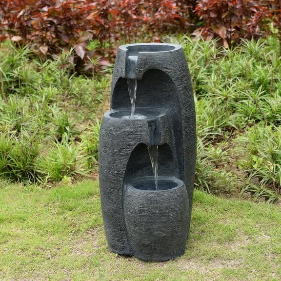 Teamson Home 3-Tier Cascading Urn Outdoor Water Fountain, Cool Glow Lighting with Adjustable Flow & Electric Pump, Black